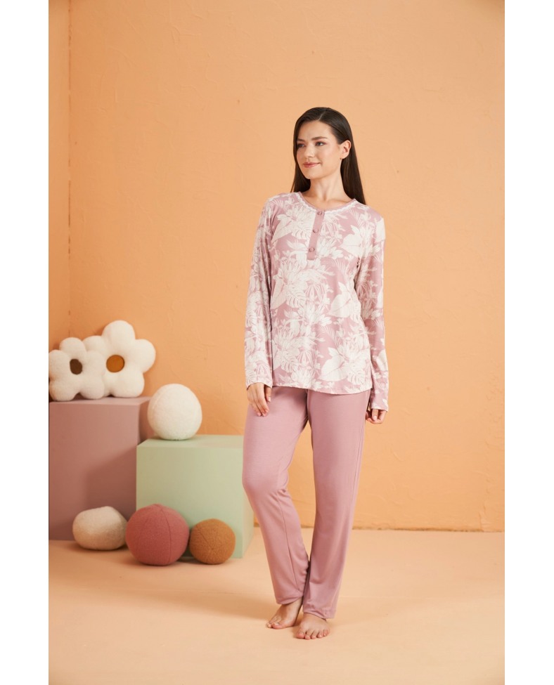 PJS 28016 Kadın Uzun Kol Yarı Patlı Desenli Pijama Takım