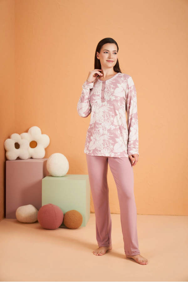 PJS 28016 Kadın Uzun Kol Yarı Patlı Desenli Pijama Takım
