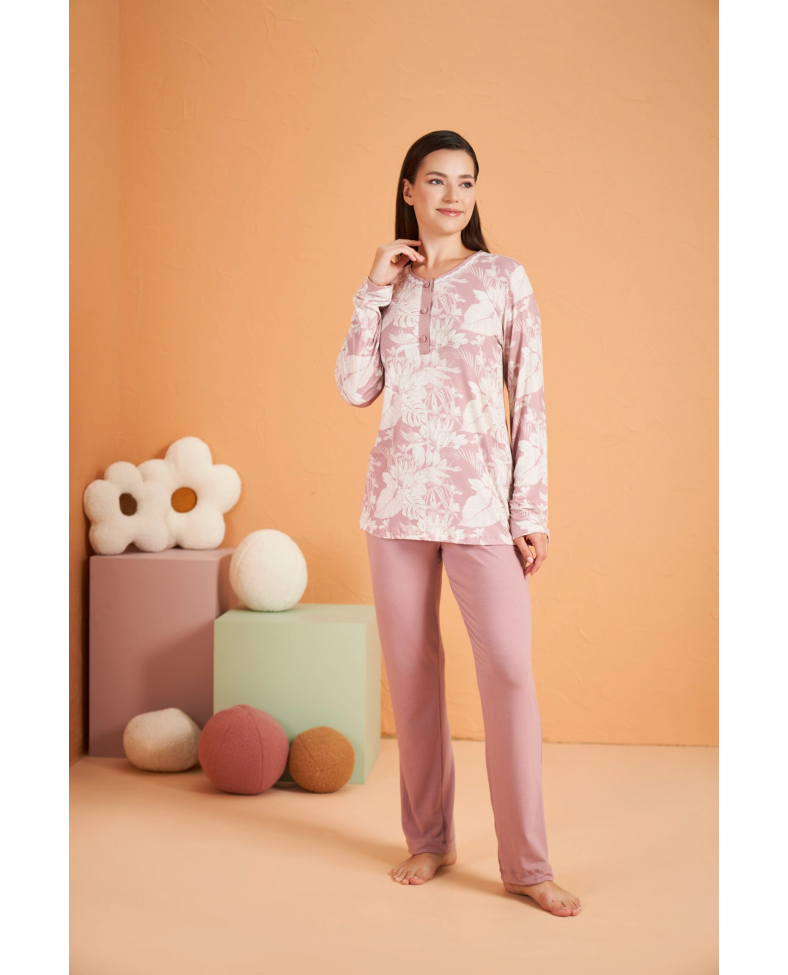 PJS 28016 Kadın Uzun Kol Yarı Patlı Desenli Pijama Takım