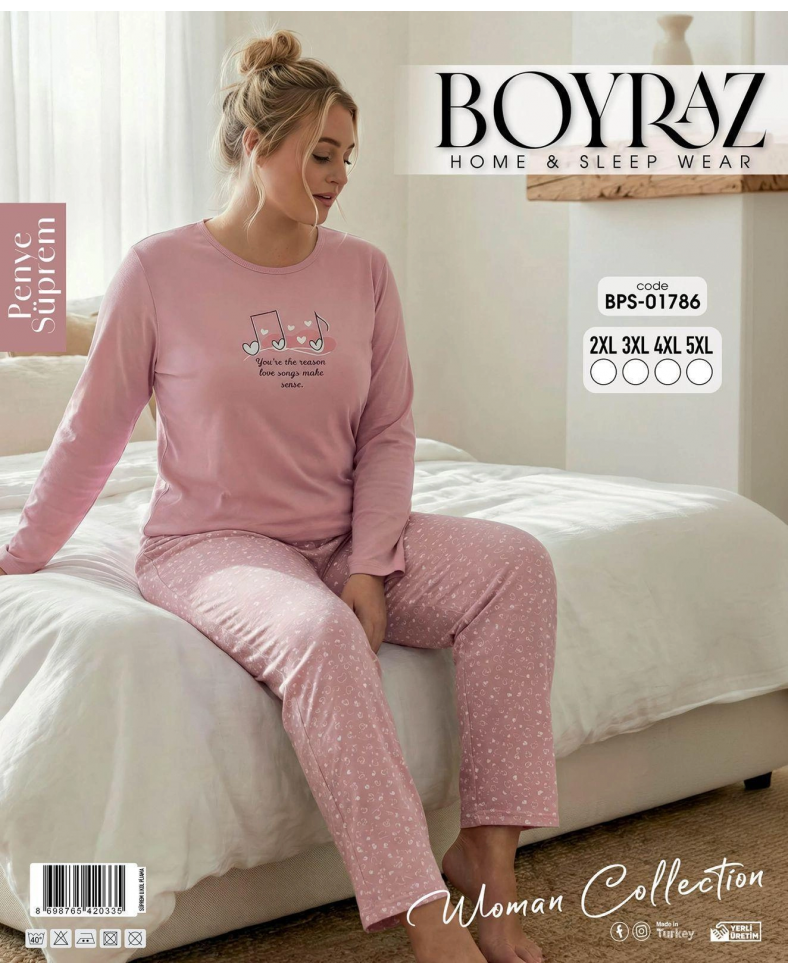 Boyraz BPS-01786 Kadın Battal  Uzun Kollu Pijama Takımı