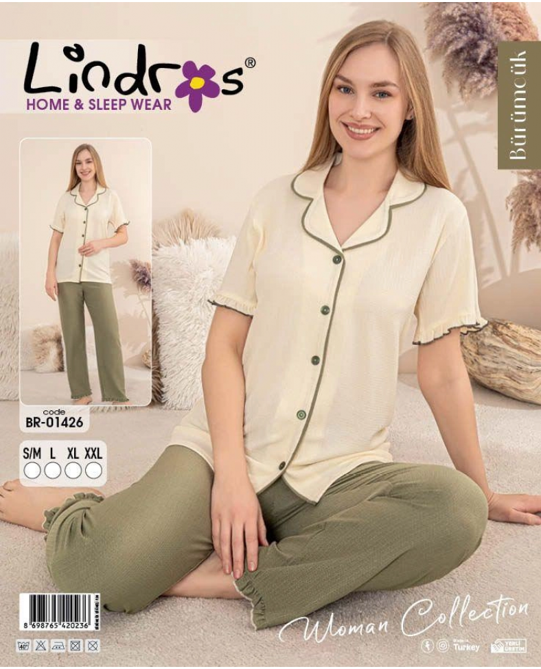 Lindros BR-01426 Kadın Kısa Kollu Bürümcük Pijama Takımı