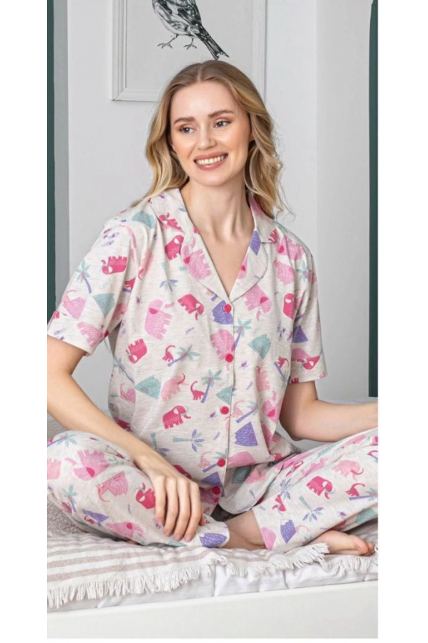 Alissa 6258 Kadın Fil Desenli Patlı Pijama Takımı