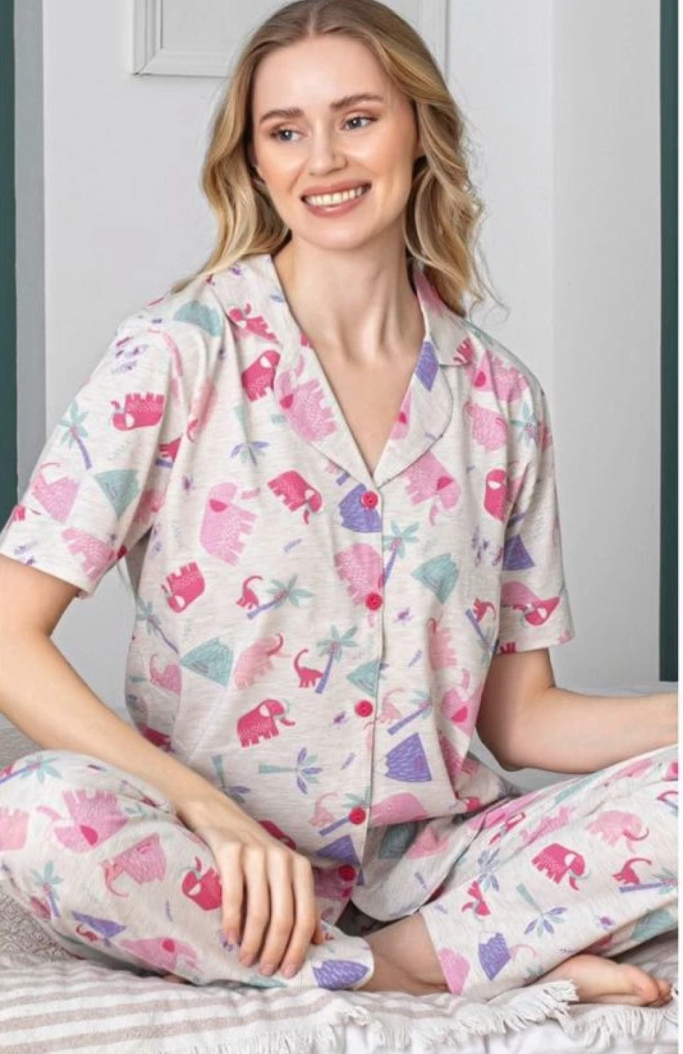 Alissa 6258 Kadın Fil Desenli Patlı Pijama Takımı