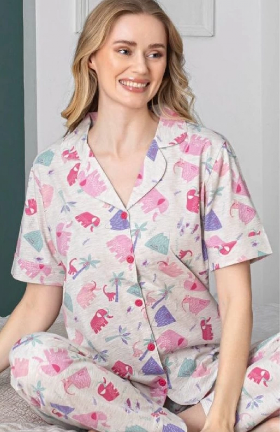 Alissa 6258 Kadın Fil Desenli Patlı Pijama Takımı