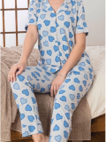 Alissa 6275 Kadın Mavi Kalp Desenli Patlı Pijama Takımı