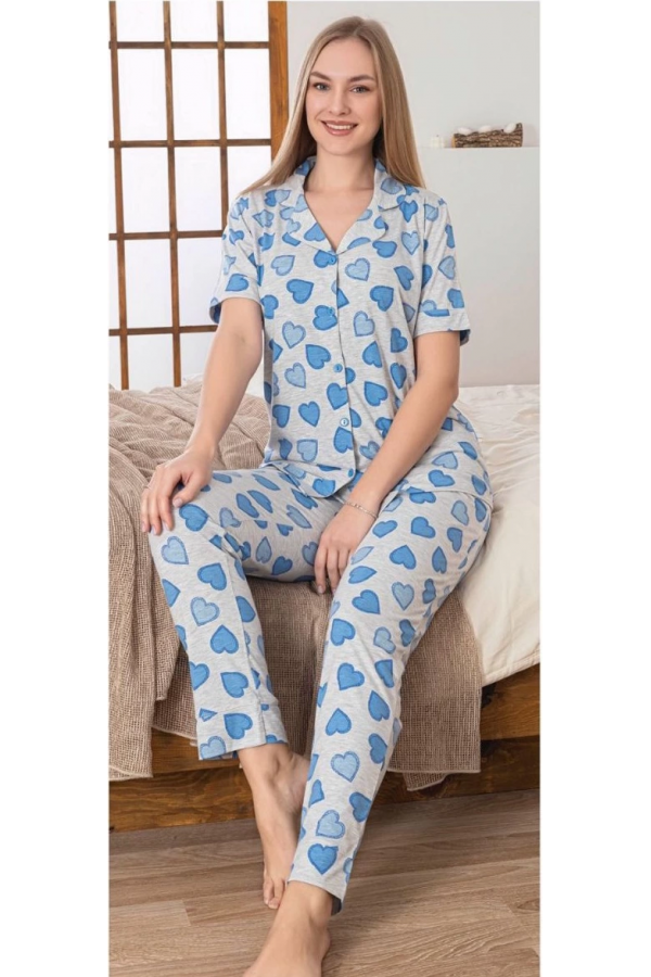 Alissa 6275 Kadın Mavi Kalp Desenli Patlı Pijama Takımı