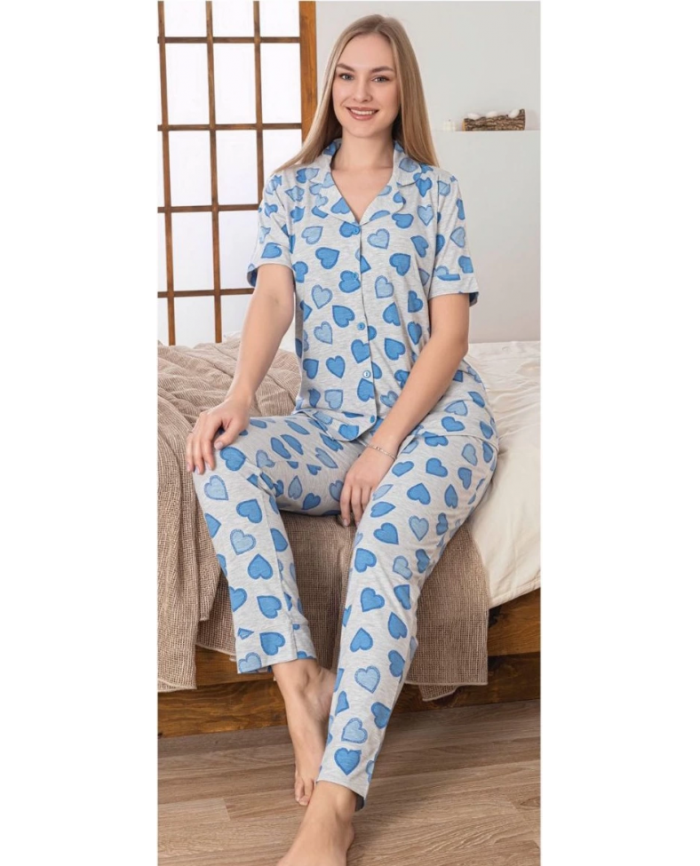 Alissa 6275 Kadın Mavi Kalp Desenli Patlı Pijama Takımı Somersan Giyim | Kadın, Erkek ve Çocuk Moda