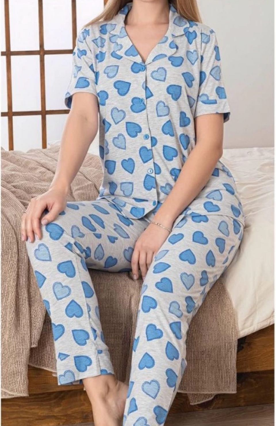 Alissa 6275 Kadın Mavi Kalp Desenli Patlı Pijama Takımı