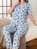 Alissa 6275 Kadın Mavi Kalp Desenli Patlı Pijama Takımı
