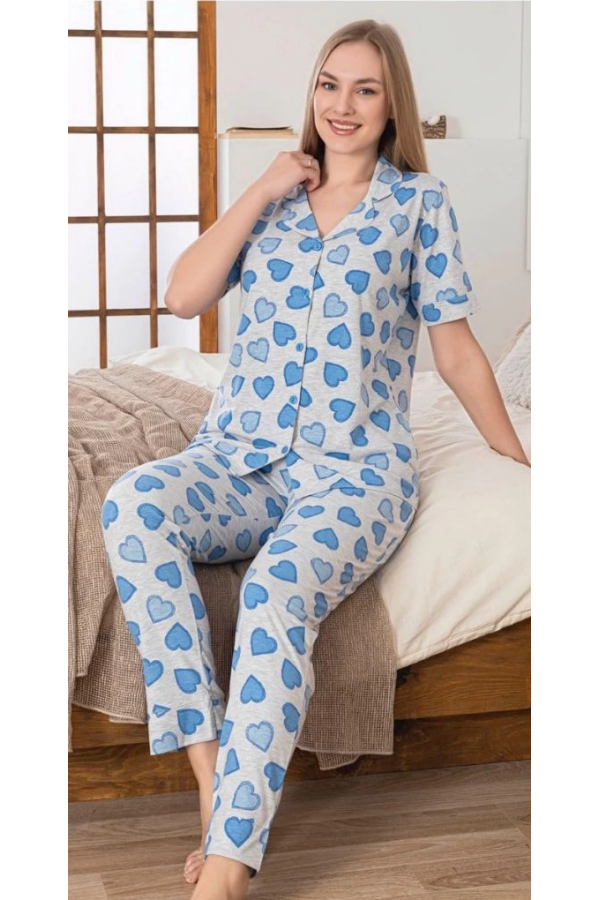 Alissa 6275 Kadın Mavi Kalp Desenli Patlı Pijama Takımı