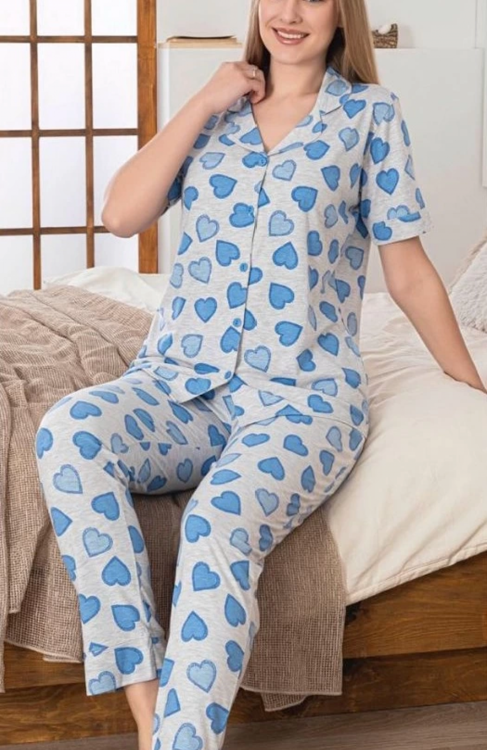 Alissa 6275 Kadın Mavi Kalp Desenli Patlı Pijama Takımı