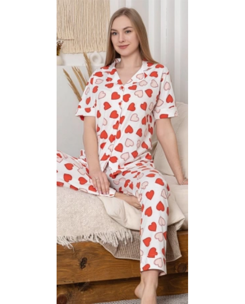 Alissa 6295 Kadın Kalp Desenli Patlı Pijama Takımı