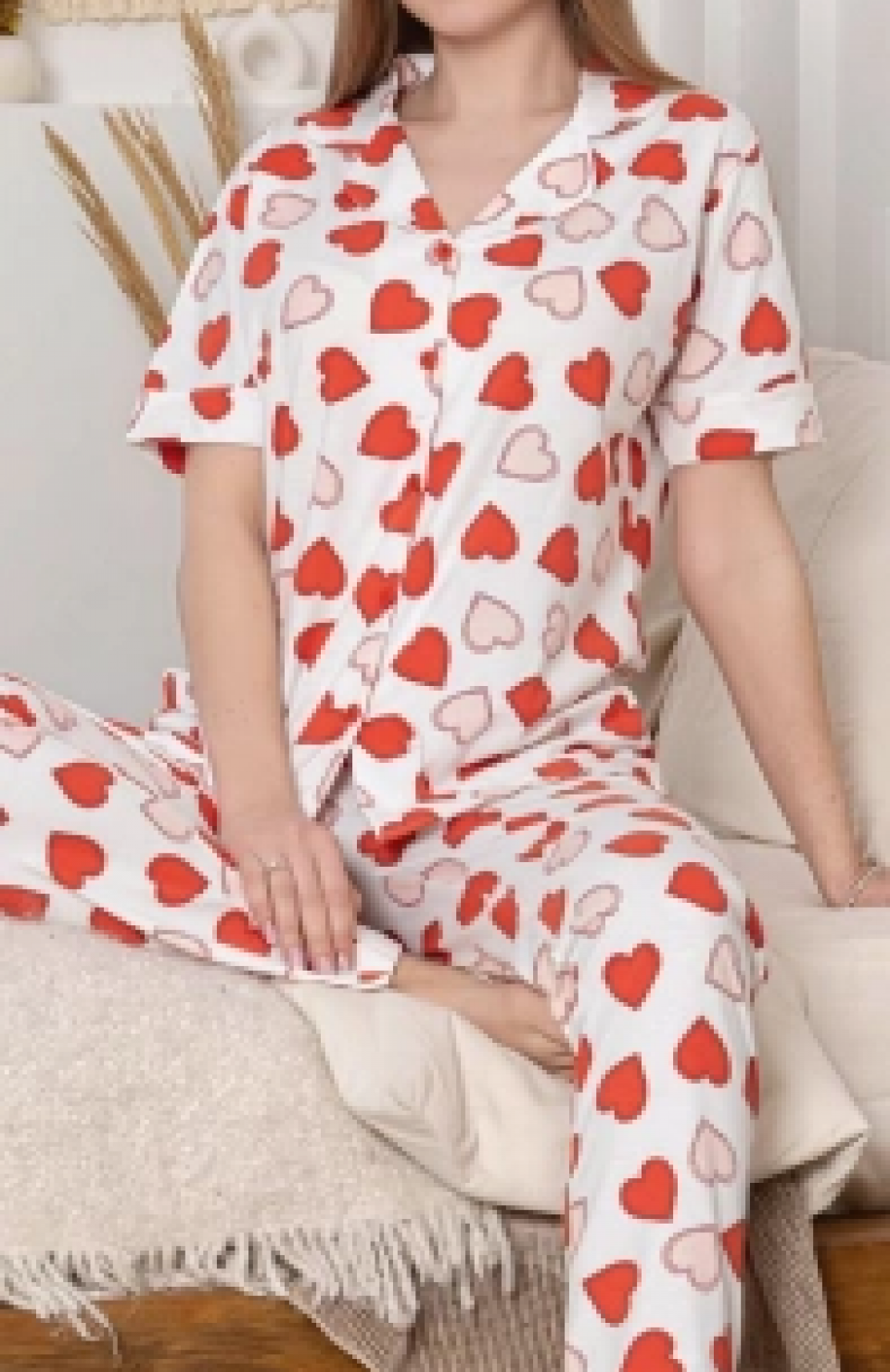 Alissa 6295 Kadın Kalp Desenli Patlı Pijama Takımı
