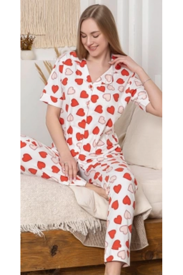 Alissa 6295 Kadın Kalp Desenli Patlı Pijama Takımı