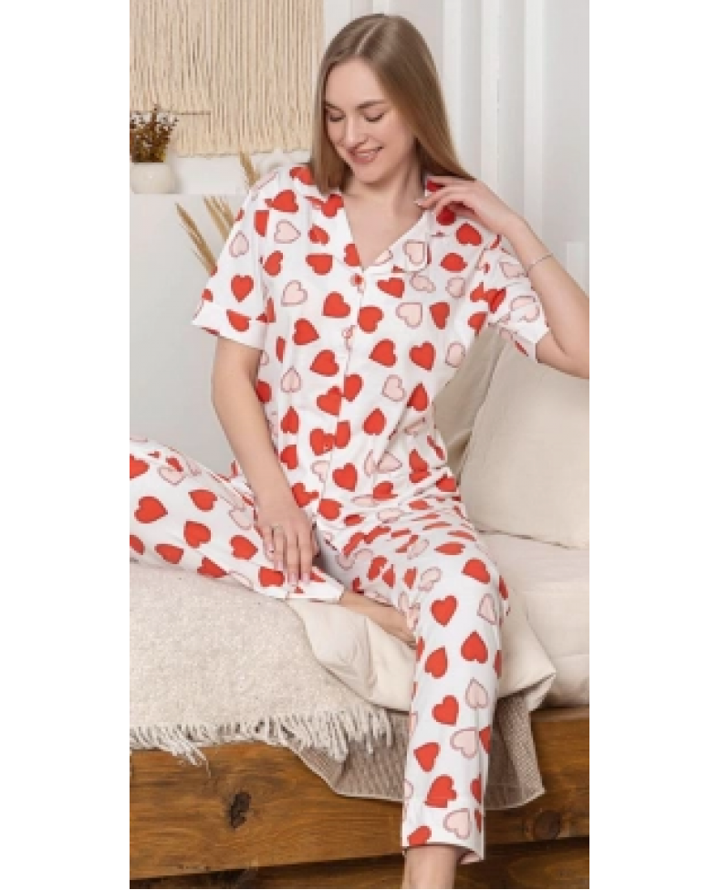 Alissa 6295 Kadın Kalp Desenli Patlı Pijama Takımı