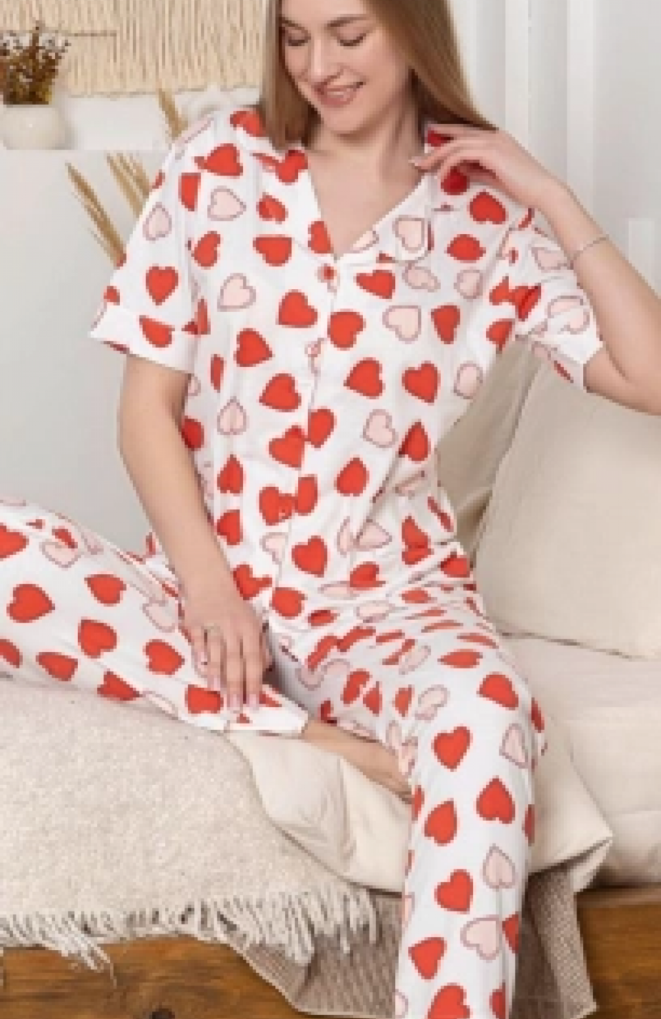Alissa 6295 Kadın Kalp Desenli Patlı Pijama Takımı
