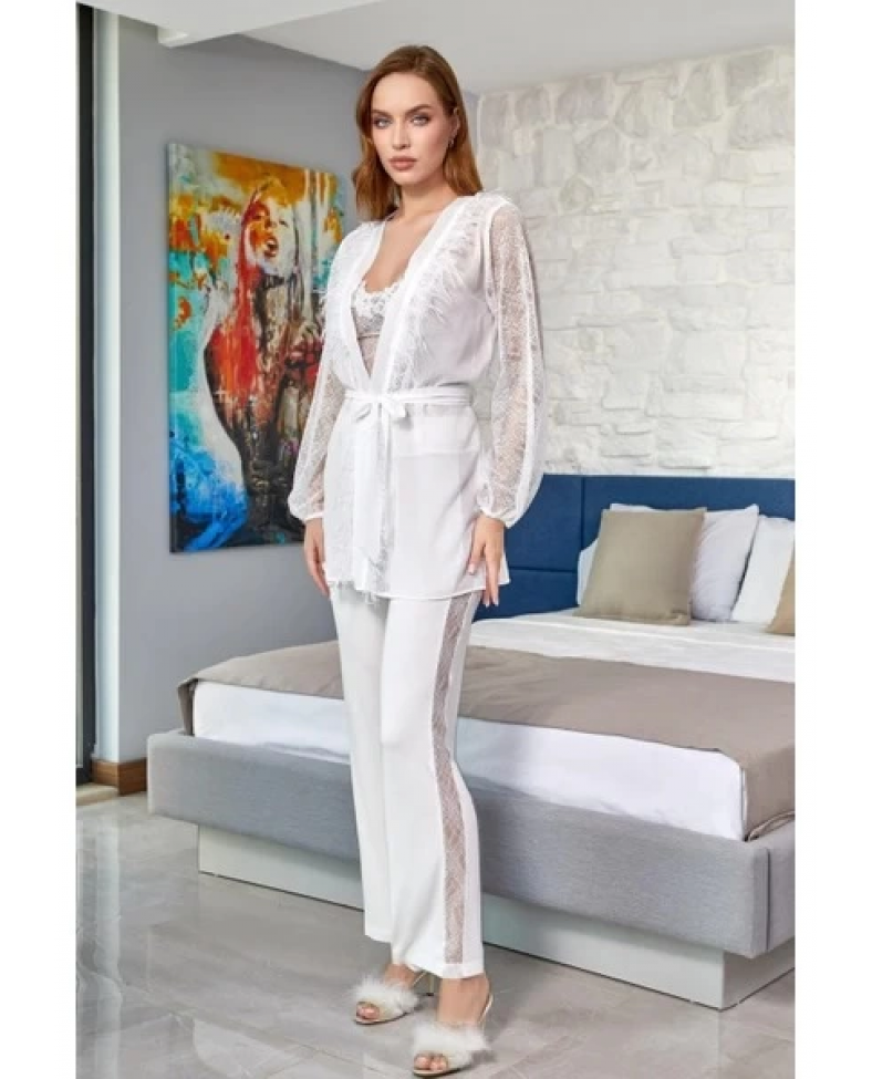 Aqua 24584 Dantel Detay Sabahlıklı 3'lü Pijama Takımı