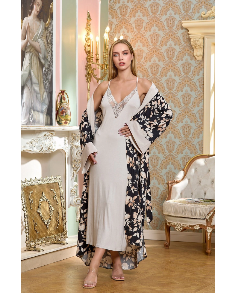 Aqua 25196 Desenli Şal Yaka Uzun Sabahlık