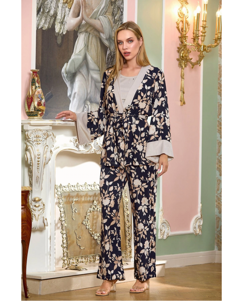 Aqua 25197 Saten Desenli Sabahlıklı 3'lü Pijama Takımı