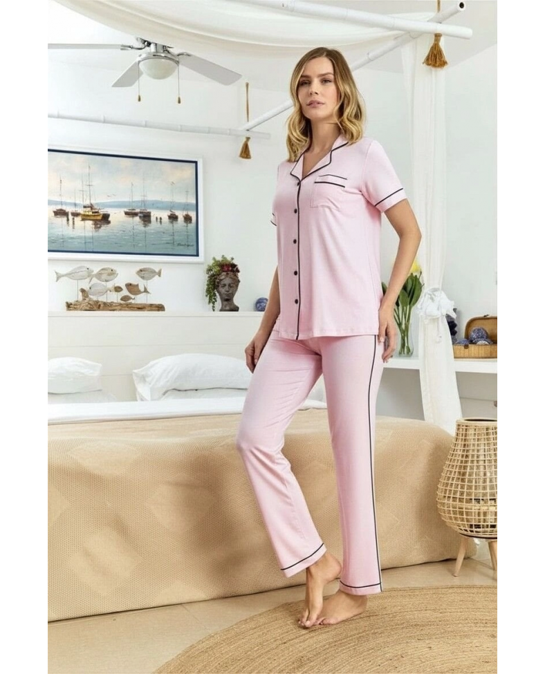 Aqua 25526-K Kadın Kısa Kol Önü Düğmeli Pijama Takım