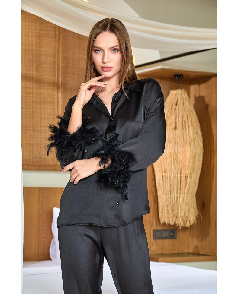 Aqua 25583 Gömlek Yaka Otrişli Saten Pijama Takımı