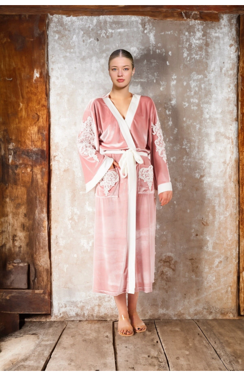 Aqua 26309 Kadın Kadife İşlemeli Uzun Sabahlık