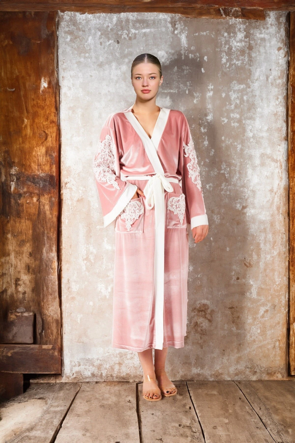 Aqua 26309 Kadın Kadife İşlemeli Uzun Sabahlık