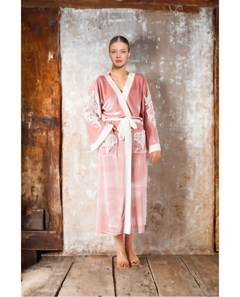 Aqua 26309 Kadın Kadife İşlemeli Uzun Sabahlık