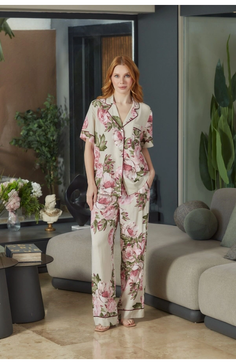 Aqua 26546 Kadın Desenli Düğmeli Kısa Kol Pijama Takım