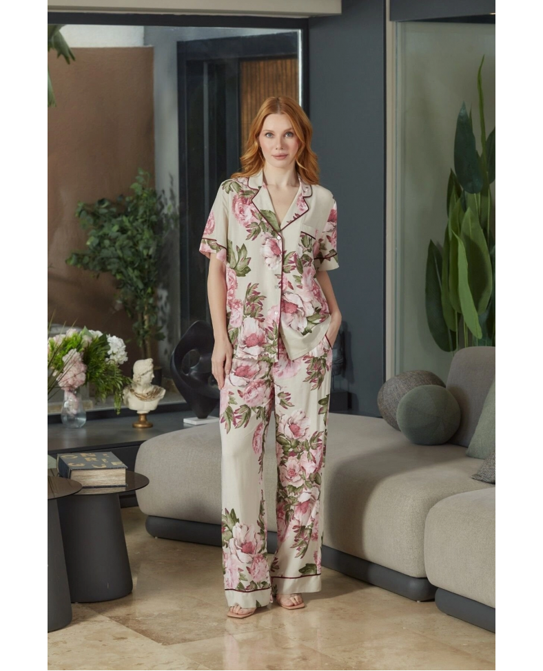 Aqua 26546 Kadın Desenli Düğmeli Kısa Kol Pijama Takım