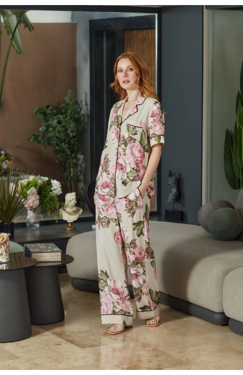 Aqua 26546 Kadın Desenli Düğmeli Kısa Kol Pijama Takım