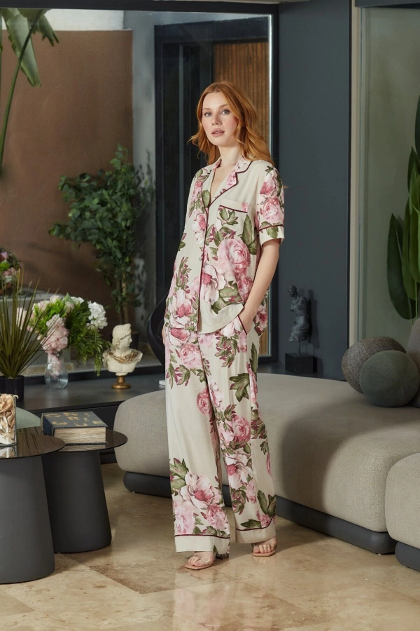 Aqua 26546 Kadın Desenli Düğmeli Kısa Kol Pijama Takım