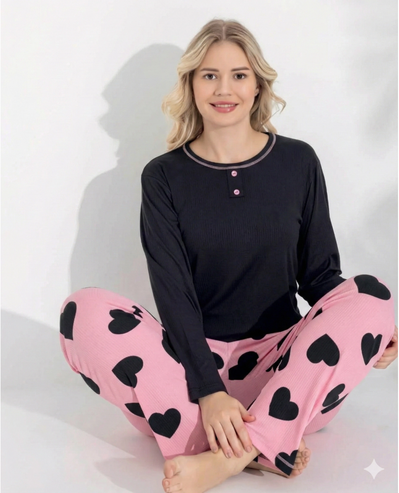 Boyraz 0211 Kadın Raporlu Uzun Kol Pijama Takımı Somersan Giyim | Kadın, Erkek ve Çocuk Moda