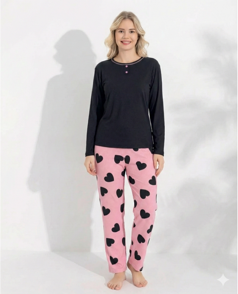 Boyraz 0211 Kadın Raporlu Uzun Kol Pijama Takımı Somersan Giyim | Kadın, Erkek ve Çocuk Moda