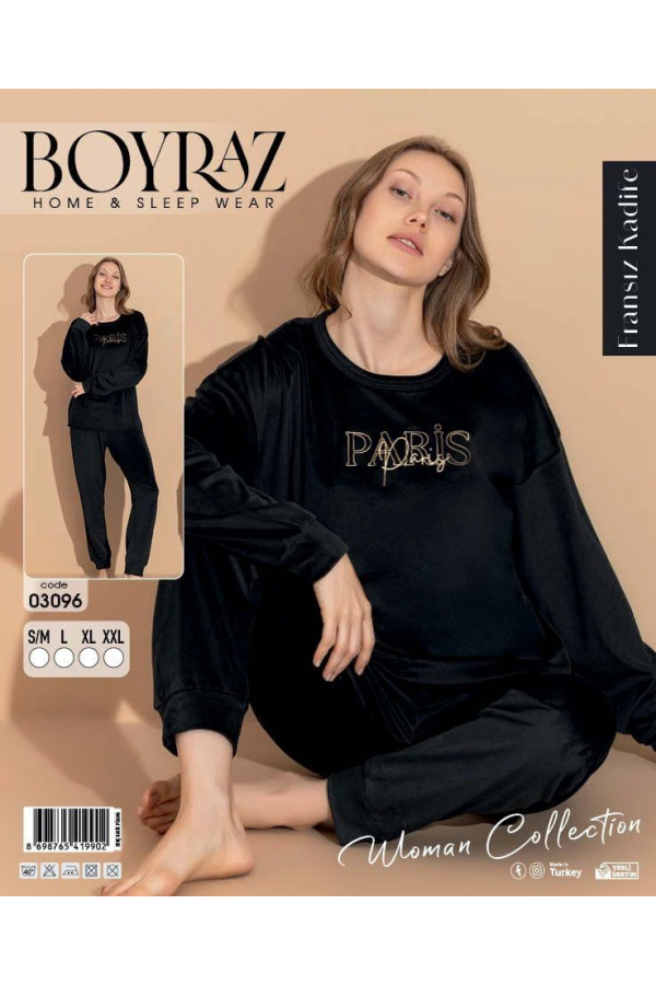 Boyraz 03096 Fransız Kadife Kumaş Uzun Kol Pijama Takımı