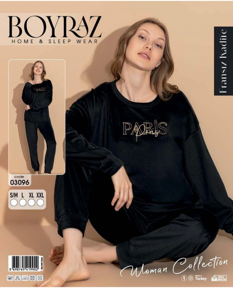 Boyraz 03096 Fransız Kadife Kumaş Uzun Kol Pijama Takımı Somersan Giyim | Kadın, Erkek ve Çocuk Moda