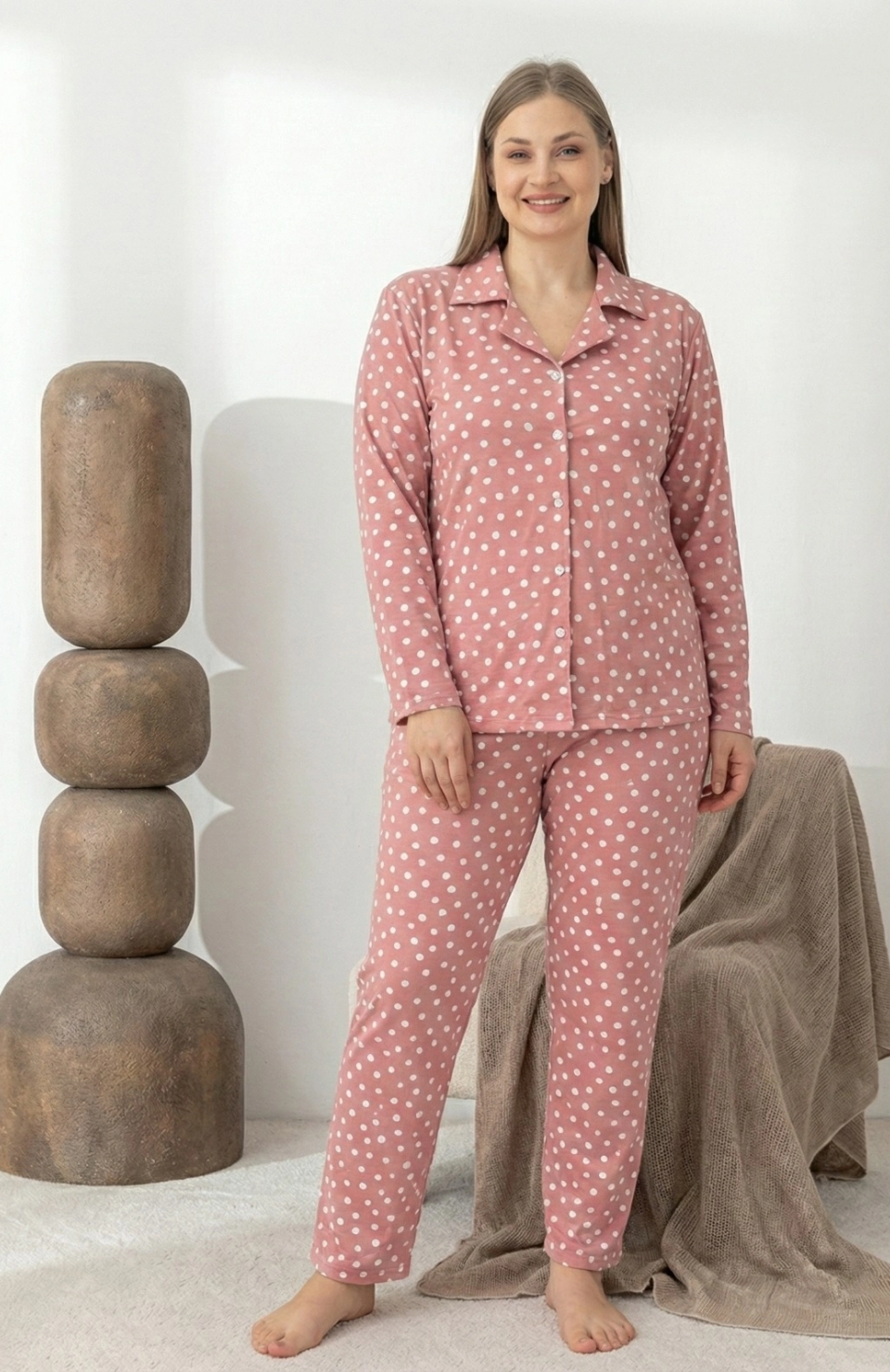 Boyraz 0501 Kadın Süet Battal Uzun Kol Pijama Takımı