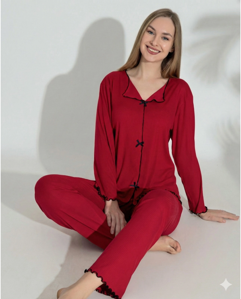 Boyraz 0613 Kadın Raporlu Uzun Kol Pijama Takımı Somersan Giyim | Kadın, Erkek ve Çocuk Moda