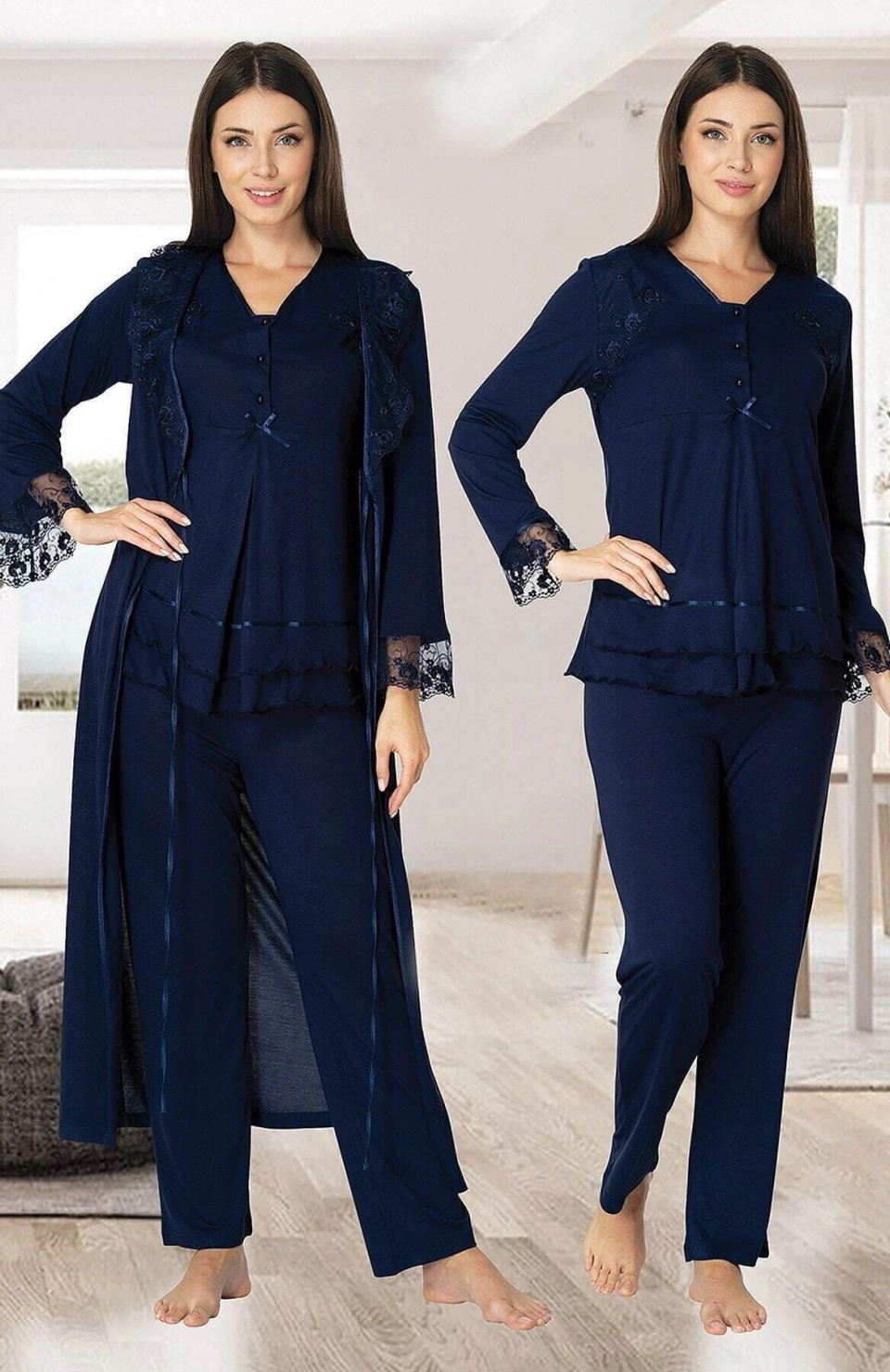 Effortt 2424 Uzun Dantel Sabahlıklı Lohusa Pijama