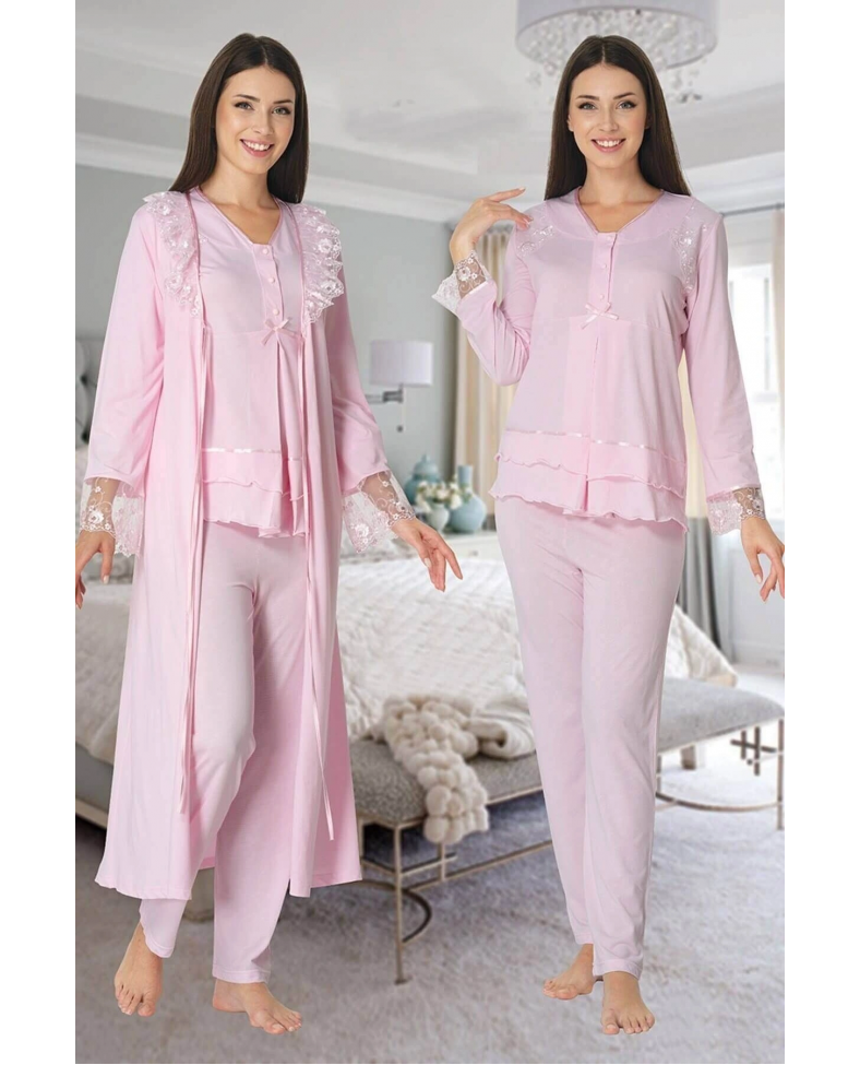 Effortt 2424 Uzun Dantel Sabahlıklı Lohusa Pijama