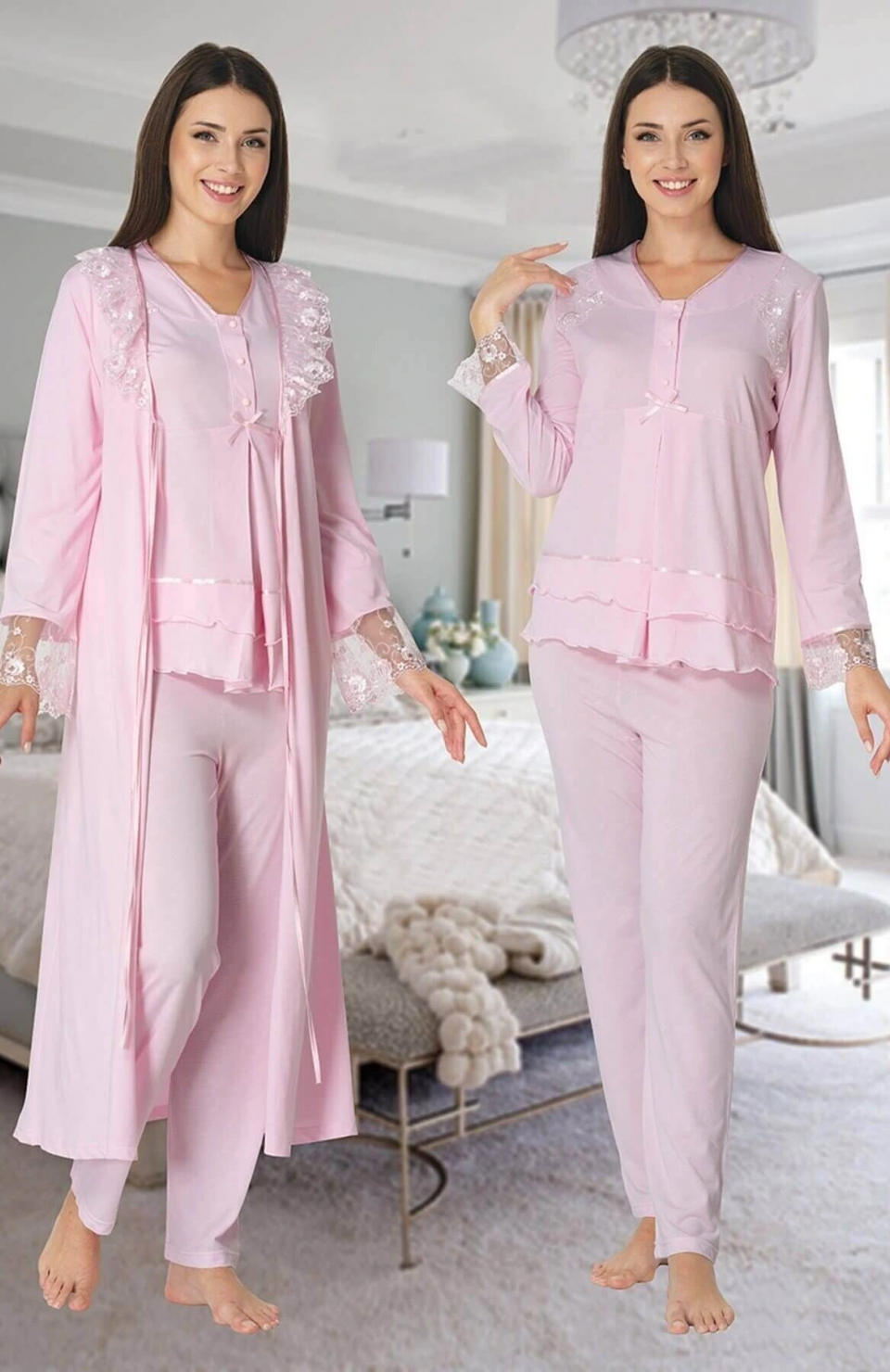 Effortt 2424 Uzun Dantel Sabahlıklı Lohusa Pijama