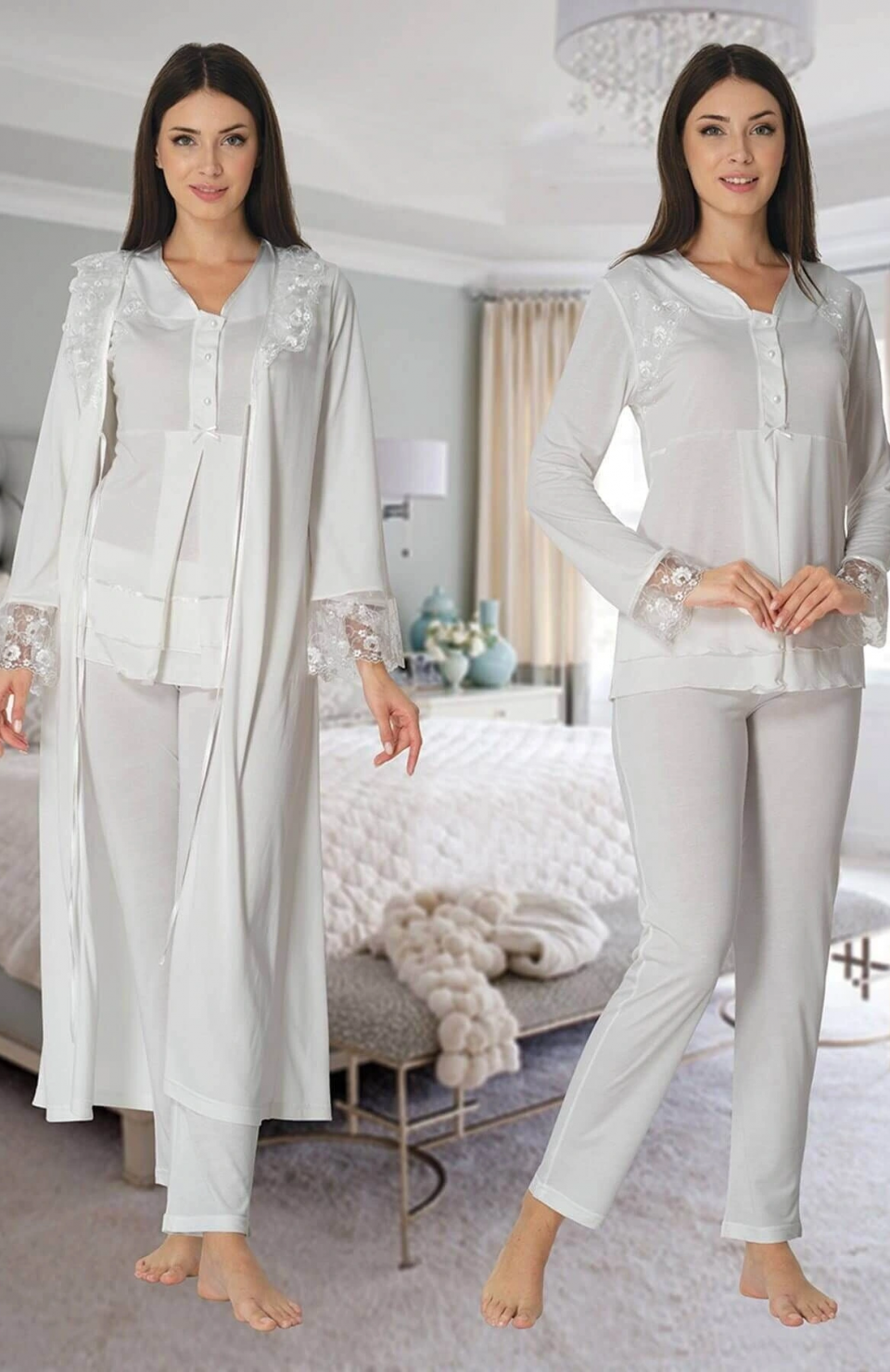 Effortt 2424 Uzun Dantel Sabahlıklı Lohusa Pijama