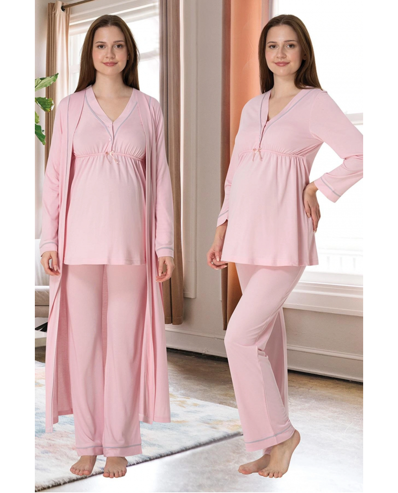 Effortt 4054 Biye Detaylı Sabahlıklı Lohusa Pijama Takımı