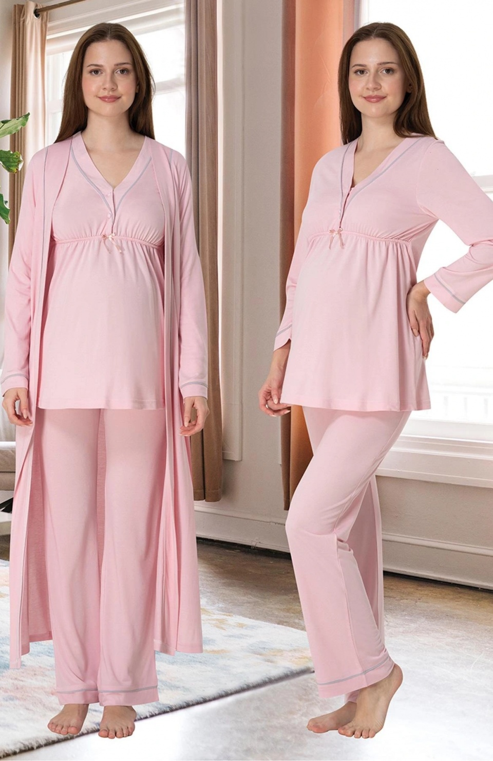 Effortt 4054 Biye Detaylı Sabahlıklı Lohusa Pijama Takımı