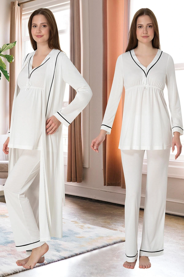 Effortt 4054 Biye Detaylı Sabahlıklı Lohusa Pijama Takımı