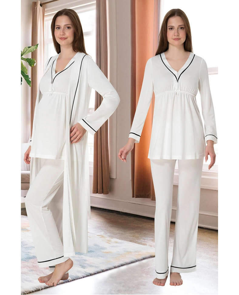 Effortt 4054 Biye Detaylı Sabahlıklı Lohusa Pijama Takımı Somersan Giyim | Kadın, Erkek ve Çocuk Moda