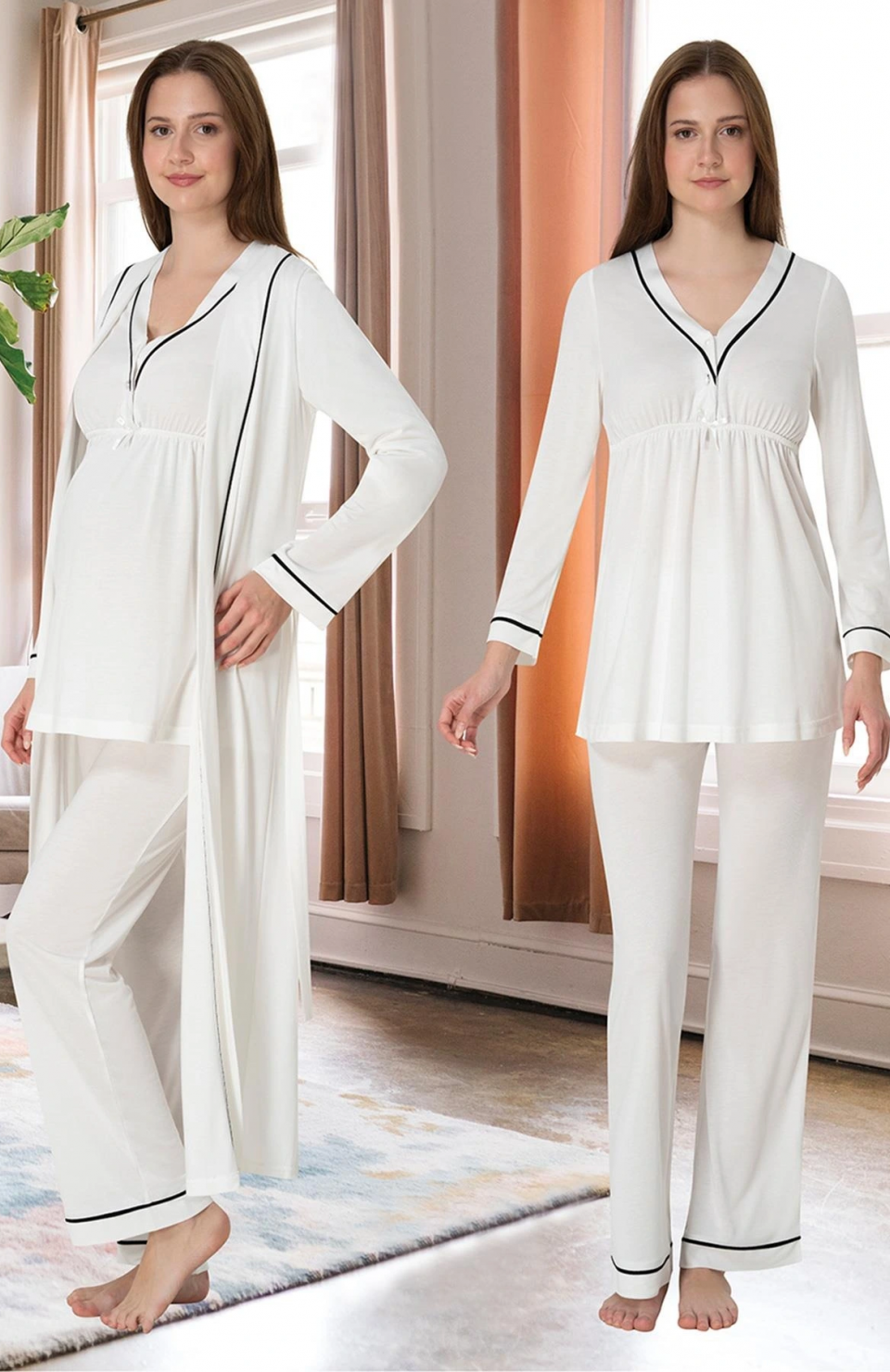 Effortt 4054 Biye Detaylı Sabahlıklı Lohusa Pijama Takımı