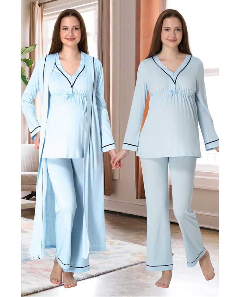 Effortt 4054 Biye Detaylı Sabahlıklı Lohusa Pijama Takımı