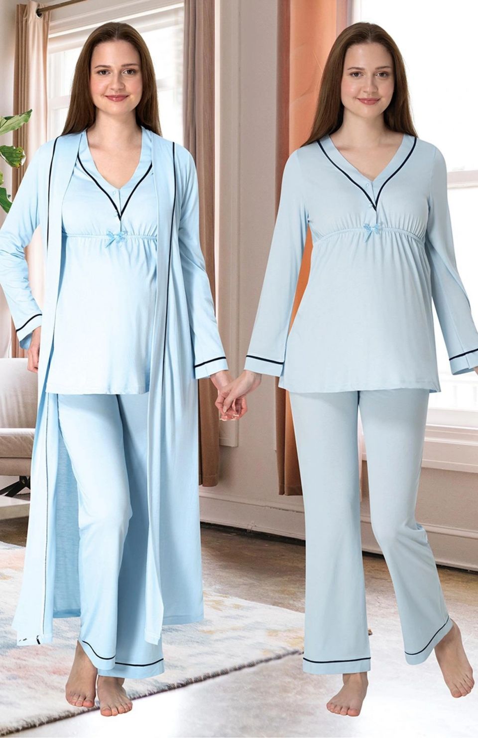 Effortt 4054 Biye Detaylı Sabahlıklı Lohusa Pijama Takımı
