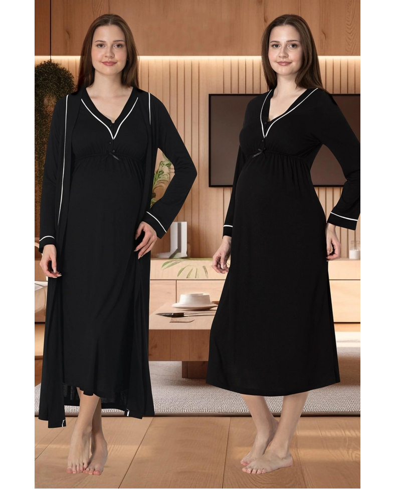 Effortt 4055 Biye Detaylı Sabahlıklı Lohusa Gecelik Takımı Somersan Giyim | Kadın, Erkek ve Çocuk Moda